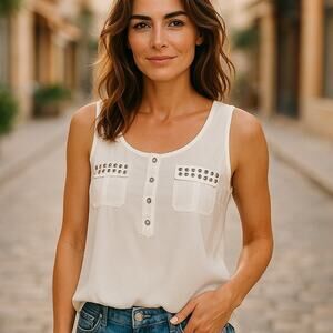 MINE Ivory Chiffon Sleeveless Studded Pockets Summer Blouse Top ~ Women's SMALL